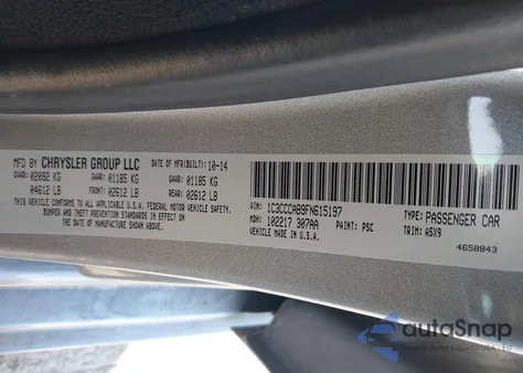 2015 Chrysler 200 Limited z USA, uszkodzony, nr VIN 1C3CCCAB9FN615197